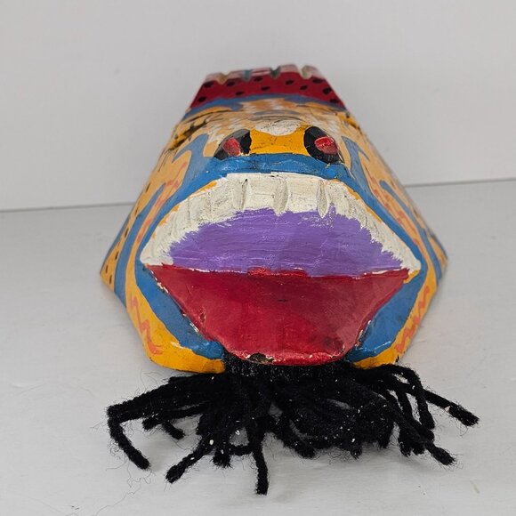 Hand-Painted Wooden Guatemalan Mask With Colorful Tribal Design & Yarn Beard - Picture 6 of 8